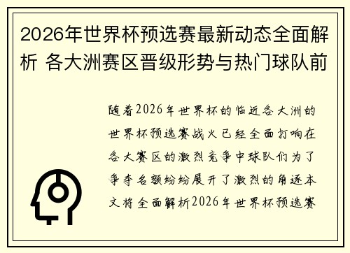 2026年世界杯预选赛最新动态全面解析 各大洲赛区晋级形势与热门球队前景 2026年世界杯预选赛最新动态全面解析 各大洲赛区晋级形势与热门球队前景
